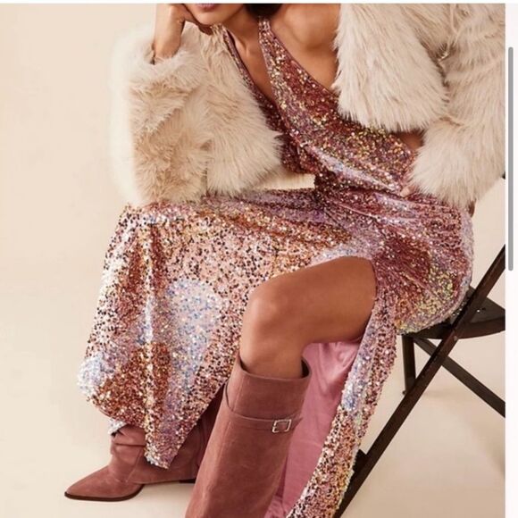 NWT Free People Glitter and Gold Sequin Pink Sweetheart Halter Velvet Slit dress - Picture 2 of 5